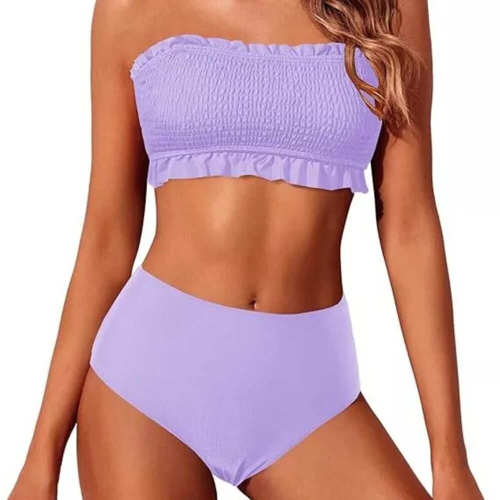Tempt Me Smocked Bandeau High Waisted Bikini Set Size Large Swimsuit Purple